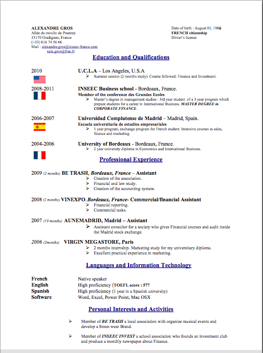 exemple cv finance de marche